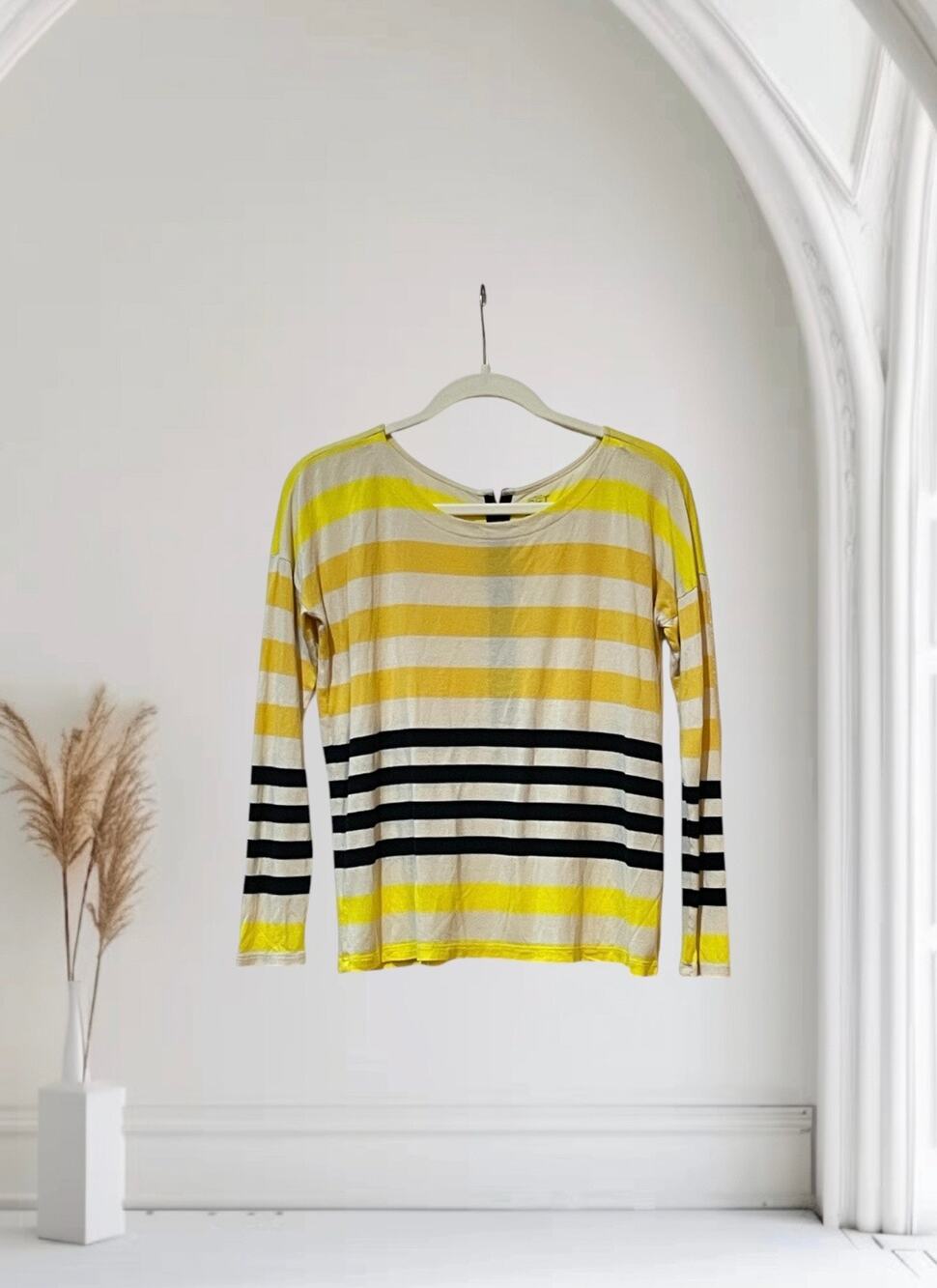 Ann Taylor LOFT Sweater Shirt Yellow White Stripe Small Petite